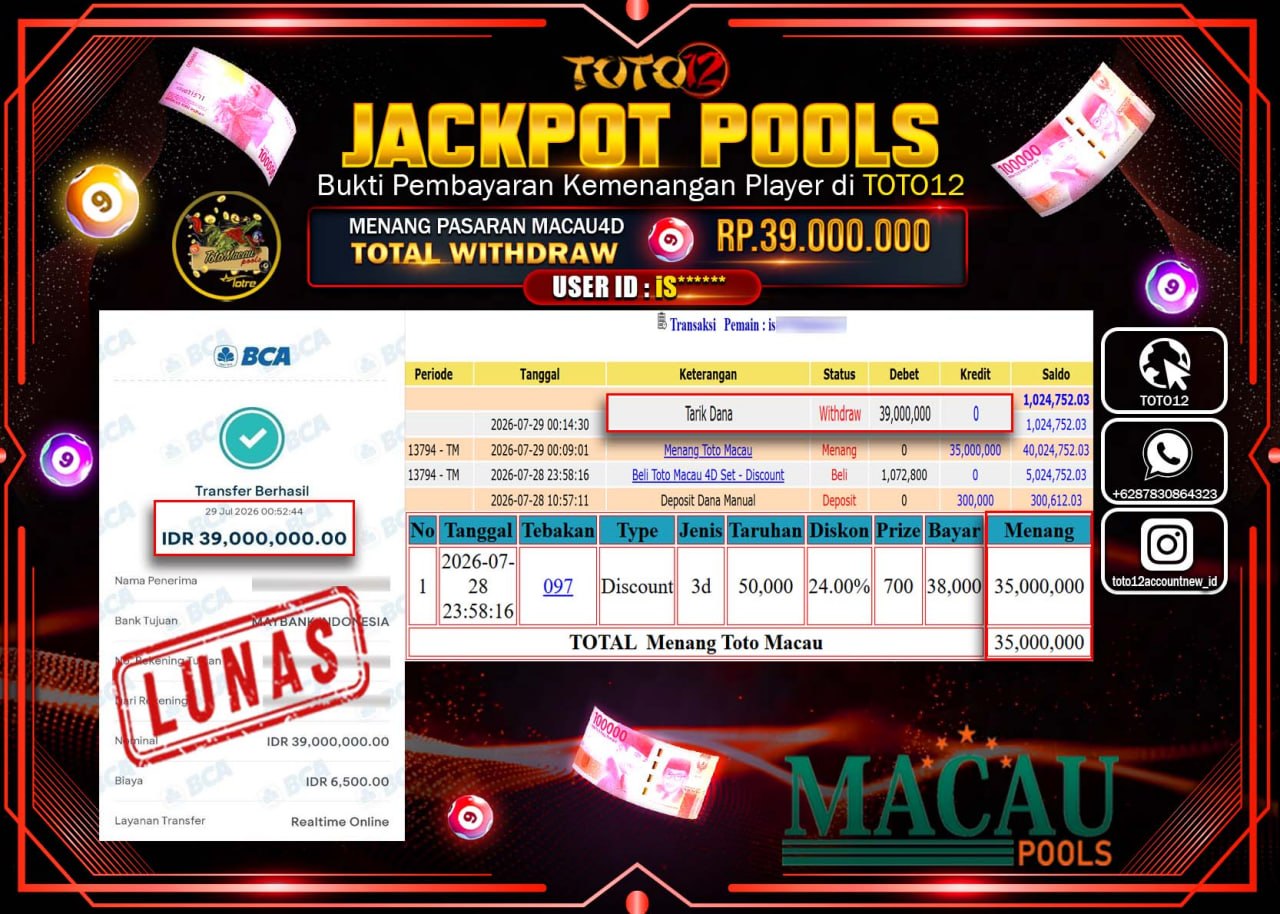 HANYA DI TOTO12 JP PASTI DI BAYAR LUNAS DAN CEPAT!!!!!! JACKPOT POOLS PASARAN (MACAU 4D) Rp39.000.000!!!!