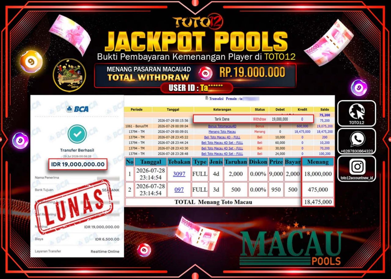 HANYA DI TOTO12 JP PASTI DI BAYAR LUNAS DAN CEPAT!!!!!! JACKPOT POOLS PASARAN (MACAU 4D) Rp19.000.000!!!!