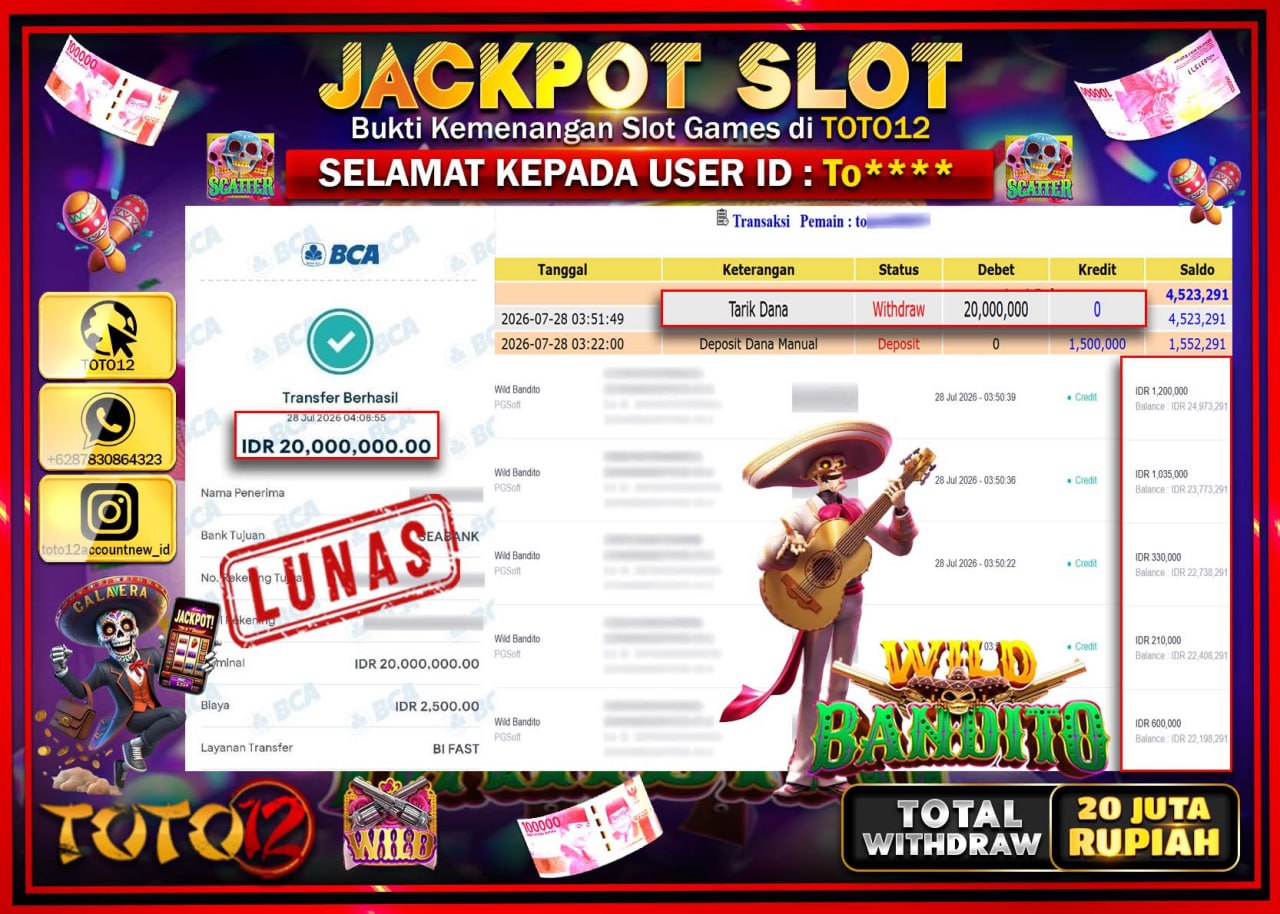 HANYA DI TOTO12 JP PASTI DI BAYAR LUNAS DAN CEPAT!!!!!! JACKPOT SLOT GAME (WILD BANDITO) Rp20.000.000!!!!