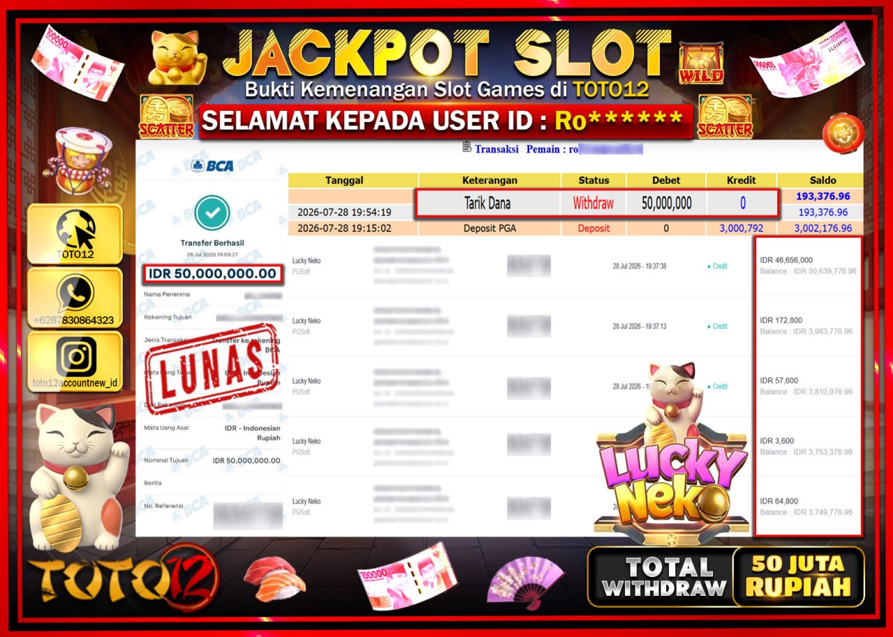 HANYA DI TOTO12 JP PASTI DI BAYAR LUNAS DAN CEPAT!!!!!! JACKPOT SLOT GAME (LUCKY NEKO) Rp50.000.000!!!!