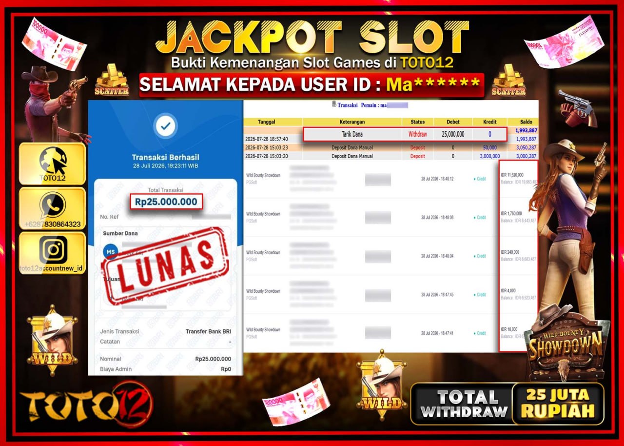 HANYA DI TOTO12 JP PASTI DI BAYAR LUNAS DAN CEPAT!!!!!! JACKPOT SLOT GAME (WILD BOUNTY SHOWDOWN) Rp25.000.000!!!!