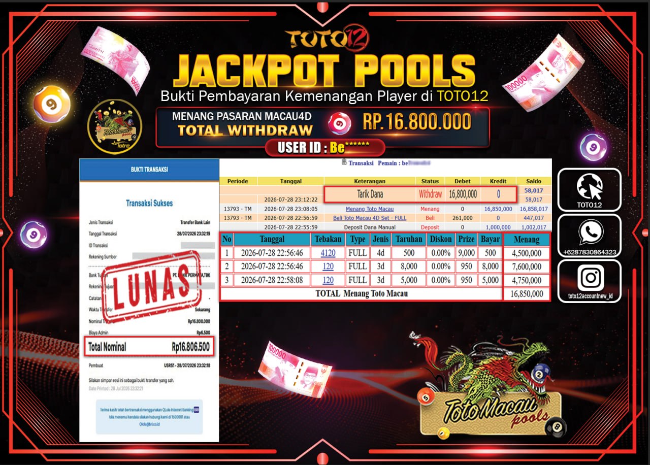 HANYA DI TOTO12 JP PASTI DI BAYAR LUNAS DAN CEPAT!!!!!! JACKPOT POOLS PASARAN (MACAU 4D) Rp16.800.000!!!!