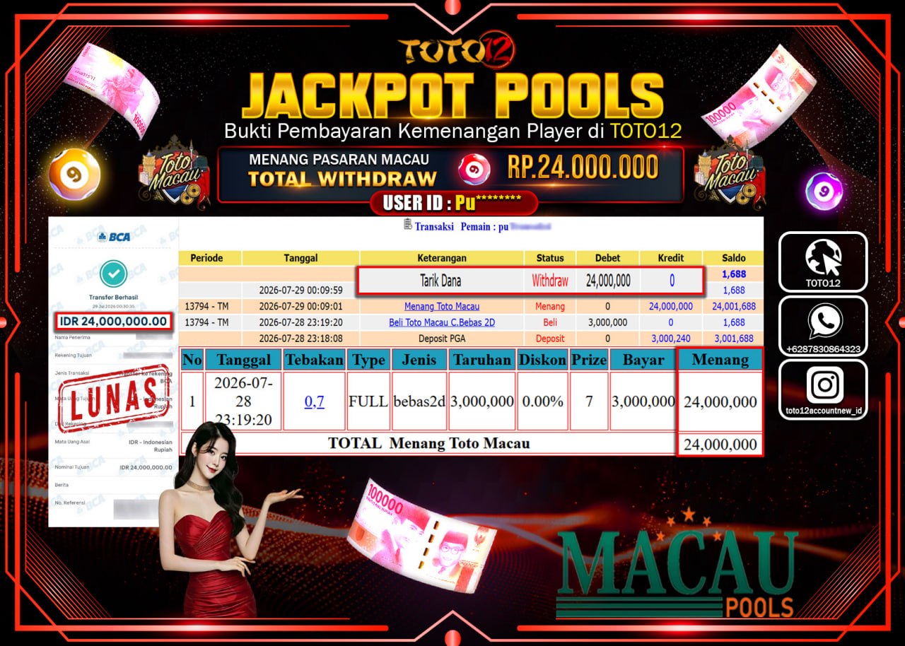 HANYA DI TOTO12 JP PASTI DI BAYAR LUNAS DAN CEPAT!!!!!! JACKPOT POOLS PASARAN (MACAU 4D) Rp24.000.000!!!!