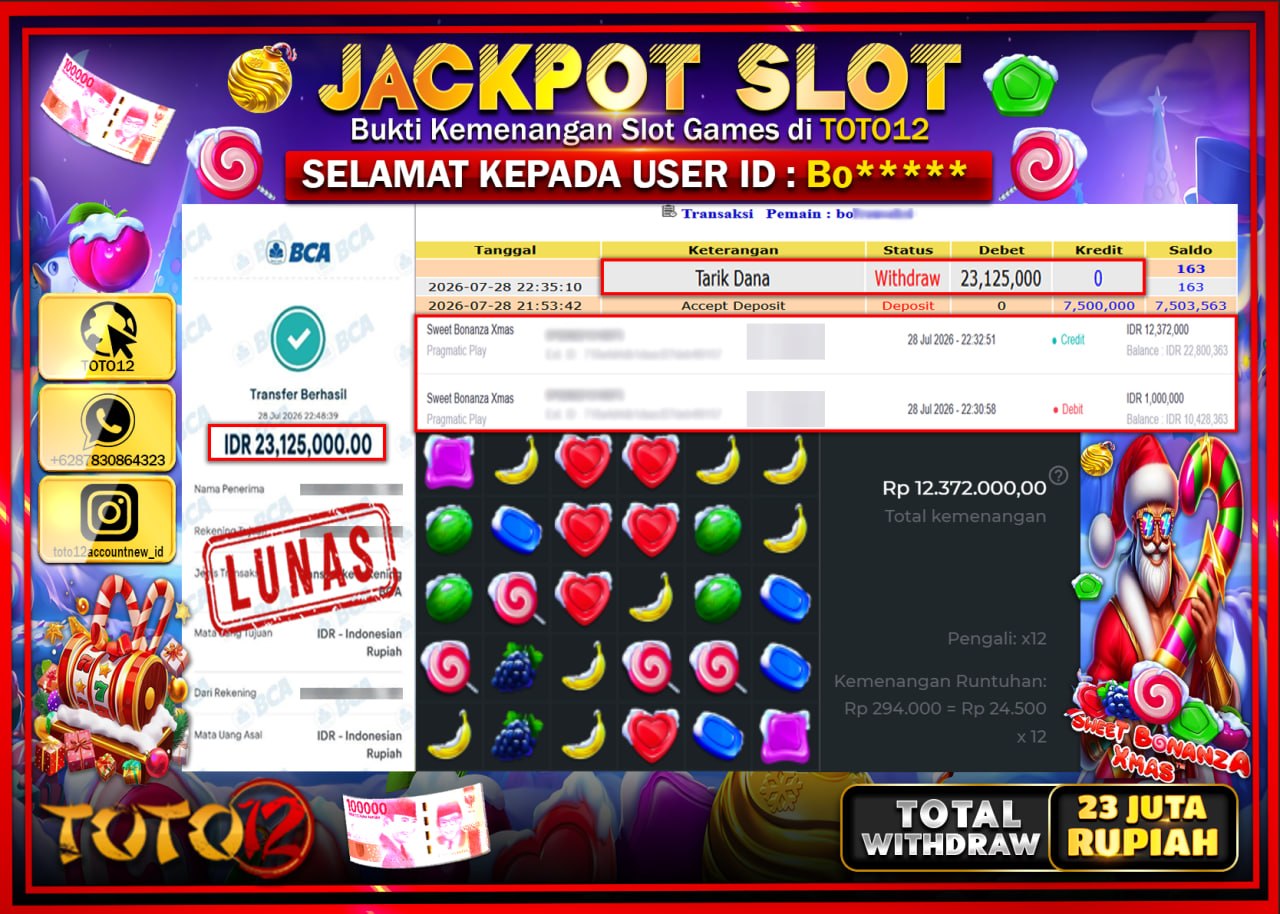 HANYA DI TOTO12 JP PASTI DI BAYAR LUNAS DAN CEPAT!!!!!! JACKPOT SLOT GAME (SWEET BONANZA XMAS) Rp23.125.000!!!!