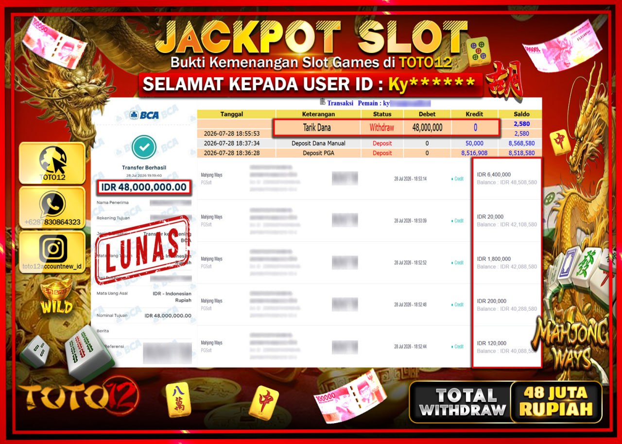 HANYA DI TOTO12 JP PASTI DI BAYAR LUNAS DAN CEPAT!!!!!! JACKPOT SLOT GAME (MAHJONG WAYS) Rp48.000.000!!!!