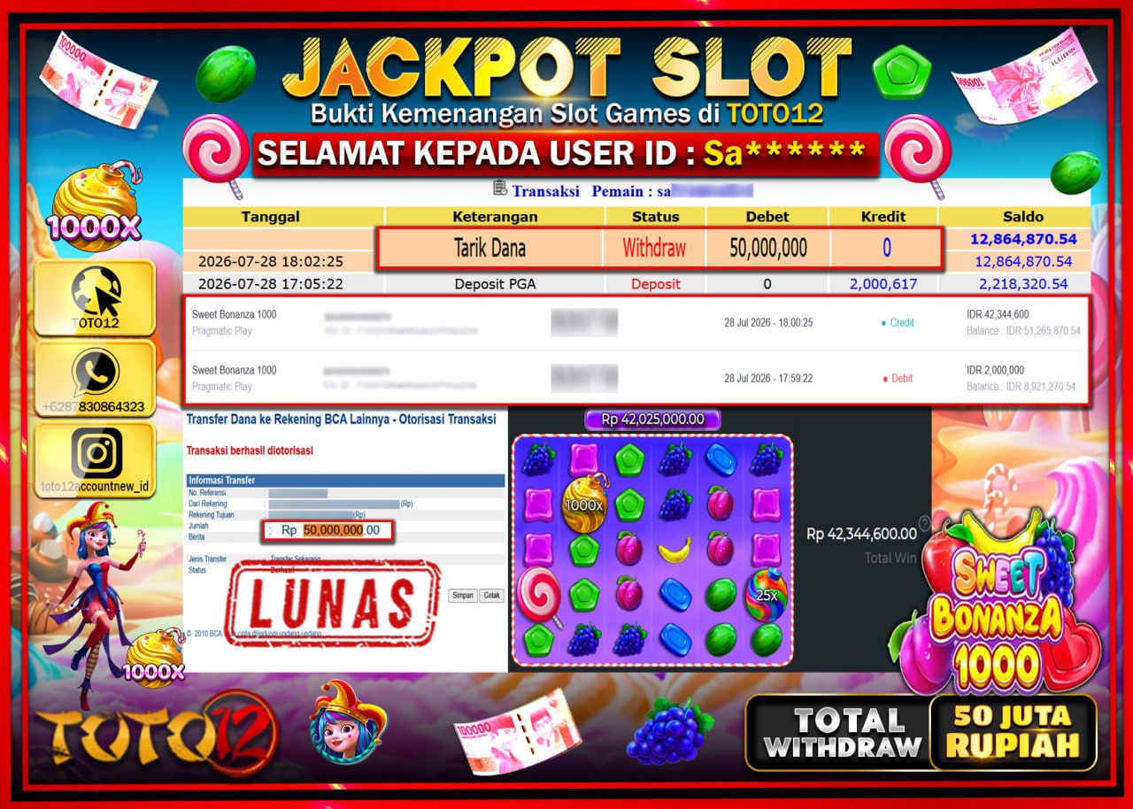 HANYA DI TOTO12 JP PASTI DI BAYAR LUNAS DAN CEPAT!!!!!! JACKPOT SLOT GAME (SWEET BONANZA 1000) Rp50.000.000!!!!