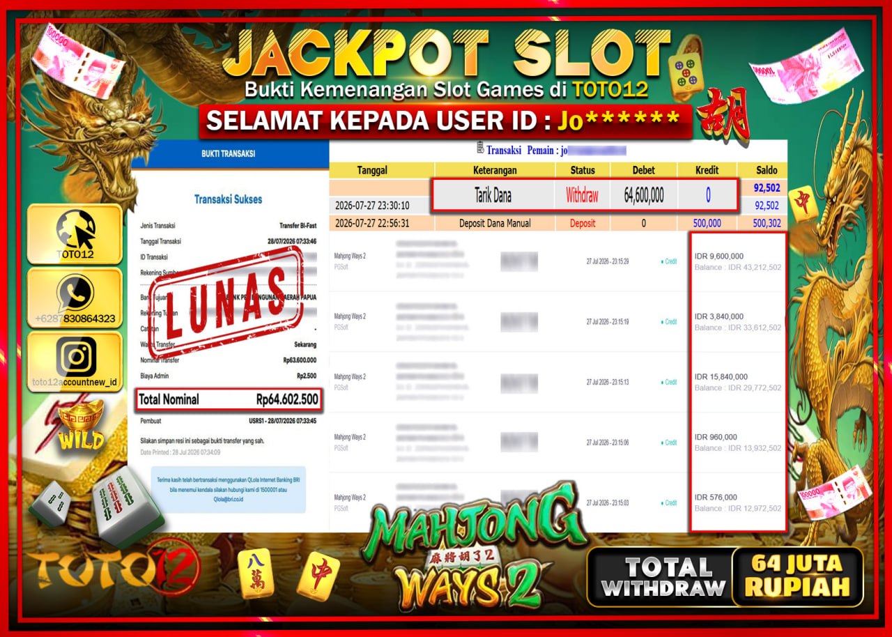 HANYA DI TOTO12 JP PASTI DI BAYAR LUNAS DAN CEPAT!!!!!! JACKPOT SLOT GAME (MAHJONG WAYS 2) Rp64.600.000!!!!