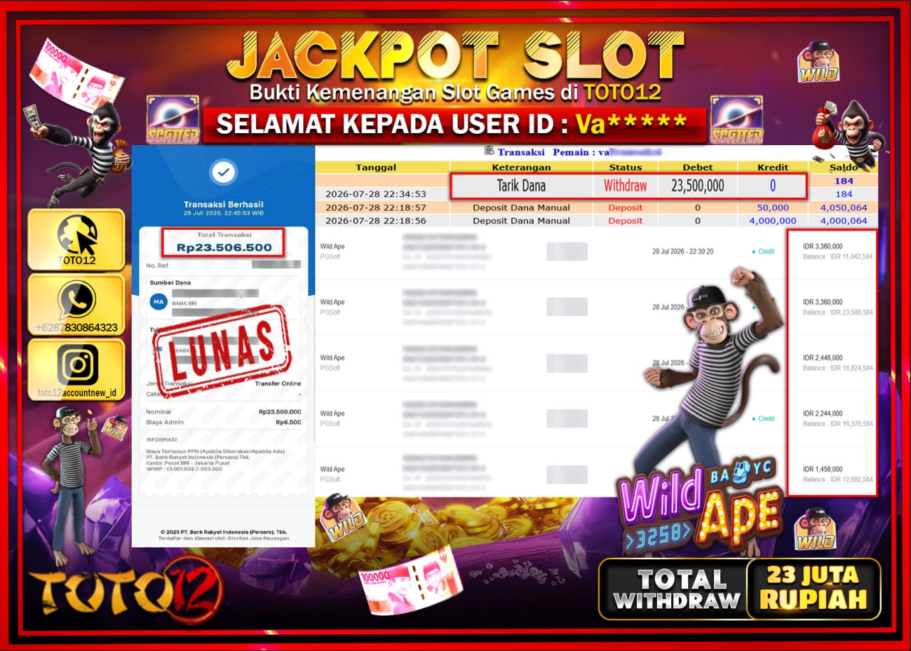 HANYA DI TOTO12 JP PASTI DI BAYAR LUNAS DAN CEPAT!!!!!! JACKPOT SLOT GAME (WILD APE) Rp23.500.000!!!!