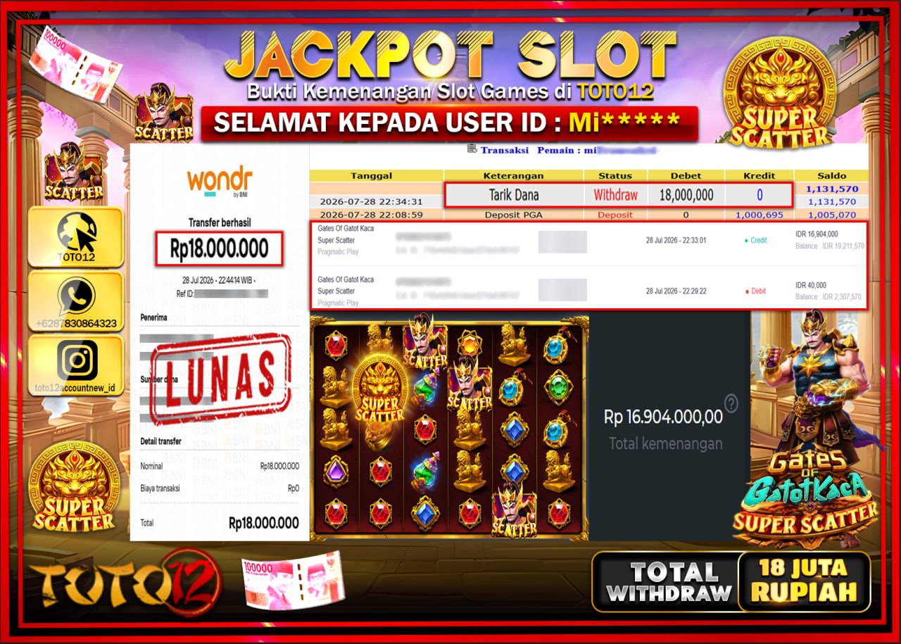HANYA DI TOTO12 JP PASTI DI BAYAR LUNAS DAN CEPAT!!!!!! JACKPOT SLOT GAME (GATES OF GATOTKACA SUPER SCATTER) Rp18.000.000!!!!