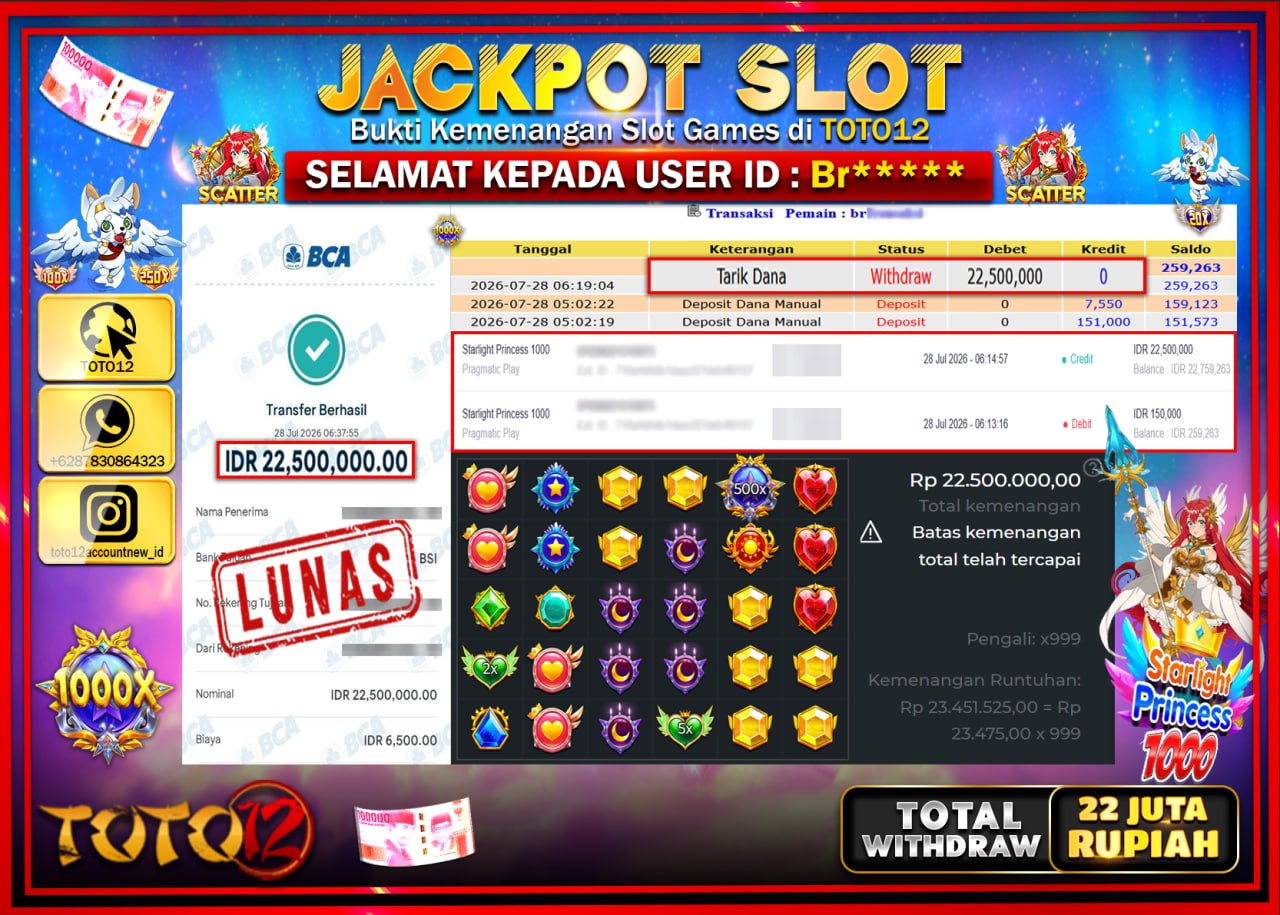 HANYA DI TOTO12 JP PASTI DI BAYAR LUNAS DAN CEPAT!!!!!! JACKPOT SLOT GAME (STARLIGHT PRINCESS 1000) Rp22.500.000!!!!