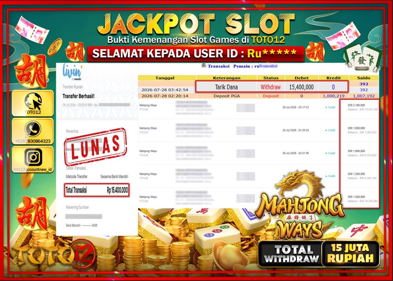 HANYA DI TOTO12 JP PASTI DI BAYAR LUNAS DAN CEPAT!!!!!! JACKPOT SLOT GAME (MAHJONG WAYS) Rp15.400.000!!!!