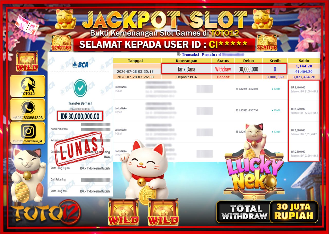 HANYA DI TOTO12 JP PASTI DI BAYAR LUNAS DAN CEPAT!!!!!! JACKPOT SLOT GAME (LUCKY NEKO) Rp30.000.000!!!!