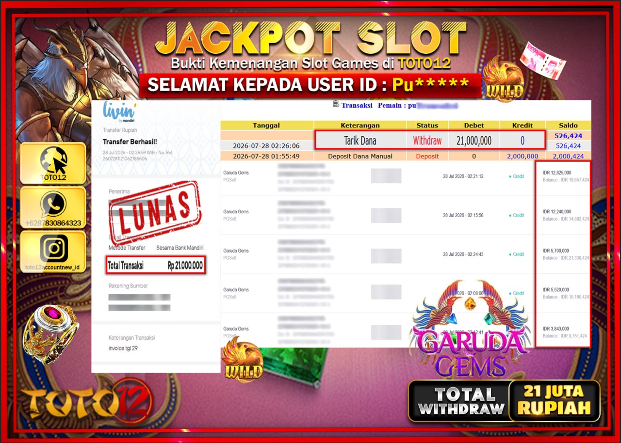 HANYA DI TOTO12 JP PASTI DI BAYAR LUNAS DAN CEPAT!!!!!! JACKPOT SLOT GAME (GARUDA GEMS) Rp21.000.000!!!!