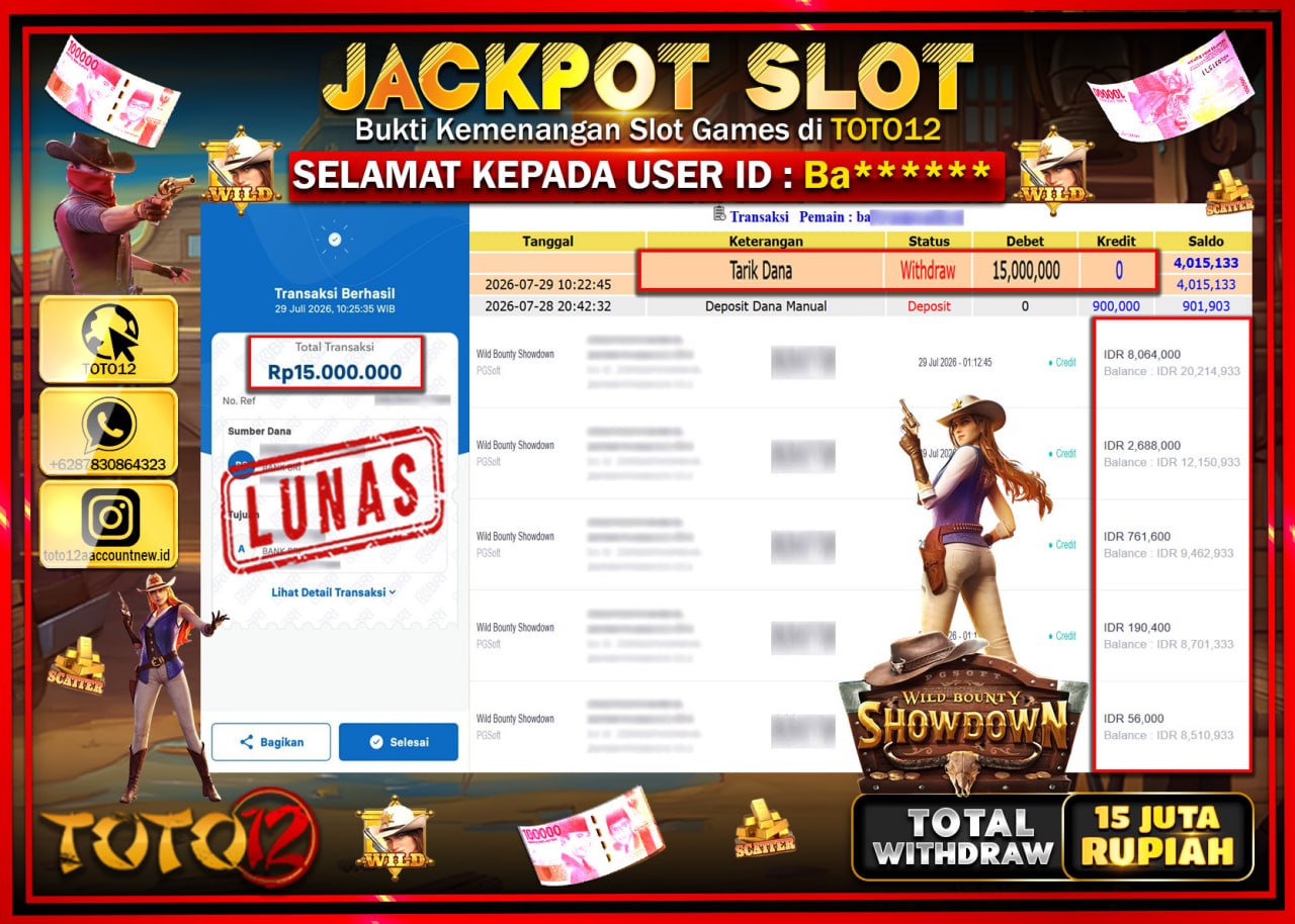 HANYA DI TOTO12 JP PASTI DI BAYAR LUNAS DAN CEPAT!!!!!! JACKPOT SLOT GAME (WILD BOUNTY SHOWDOWN) Rp15.000.000!!!!