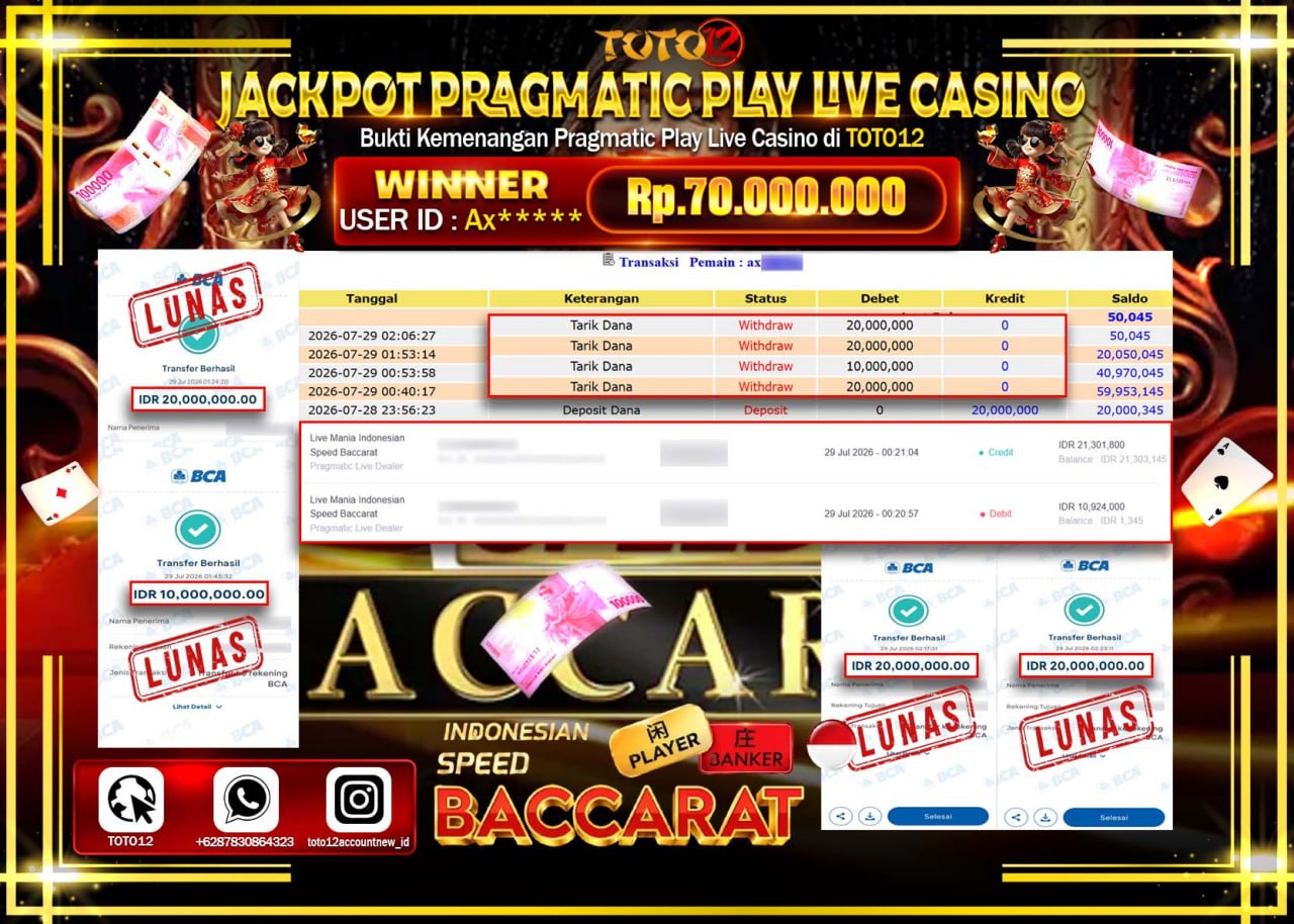 HANYA DI TOTO12 JP PASTI DI BAYAR LUNAS DAN CEPAT!!!!!! JACKPOT PRAGMATIC PLAY LIVE GAME CASINO (LIVE MANIA INDONESIAN SPEED BACCARAT) Rp70.000.000!!!!