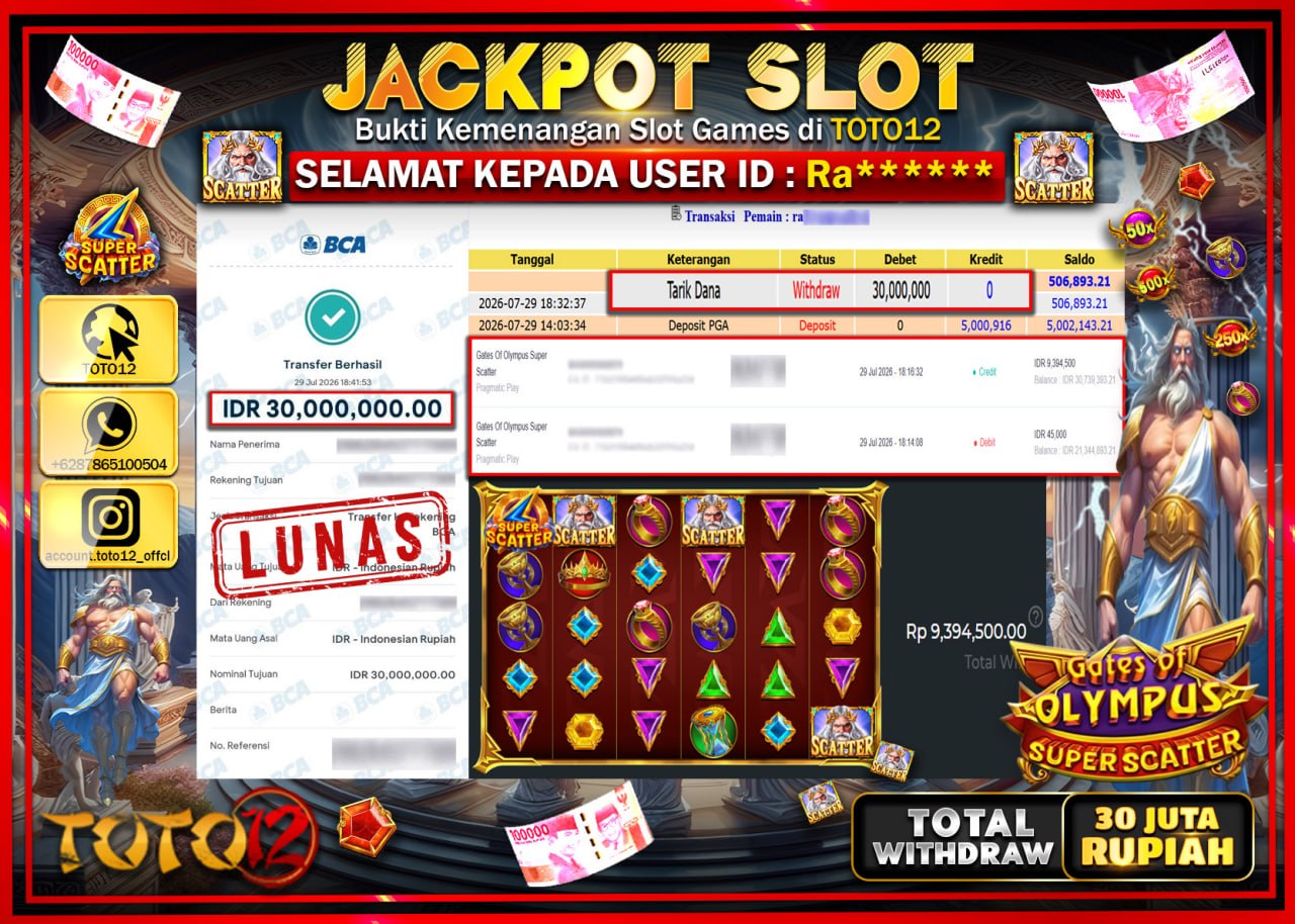 HANYA DI TOTO12 JP PASTI DI BAYAR LUNAS DAN CEPAT!!!!!! JACKPOT SLOT GAME (GATES OF OLYMPUS SUPER SCATTER) Rp30.000.000!!!!