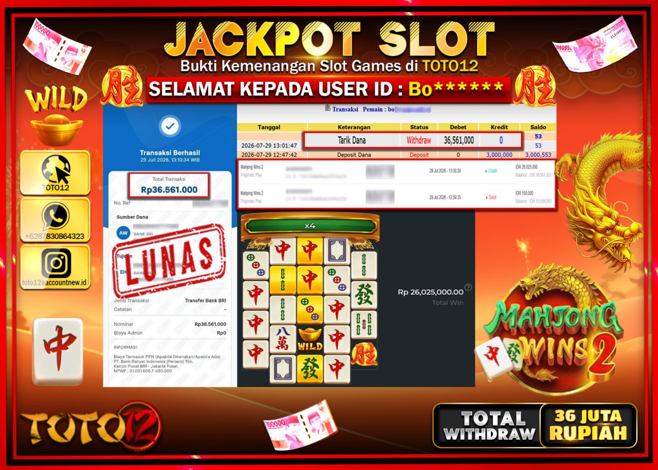 HANYA DI TOTO12 JP PASTI DI BAYAR LUNAS DAN CEPAT!!!!!! JACKPOT SLOT GAME (MAHJONG WINS 2) Rp36.561.000!!!!