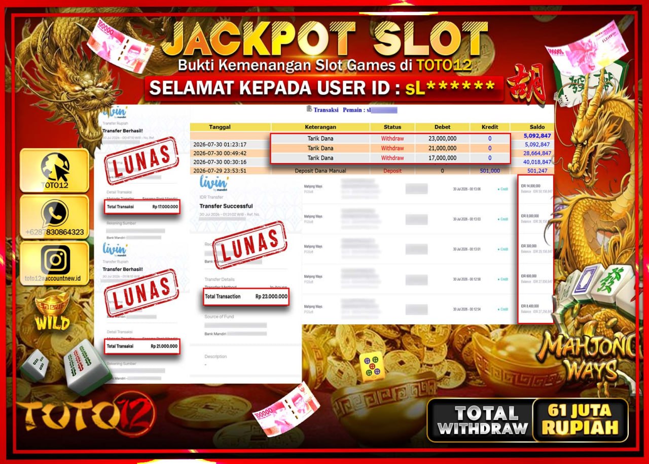 HANYA DI TOTO12 JP PASTI DI BAYAR LUNAS DAN CEPAT!!!!!! JACKPOT SLOT GAME (MAHJONG WAYS) Rp61.000.000!!!!