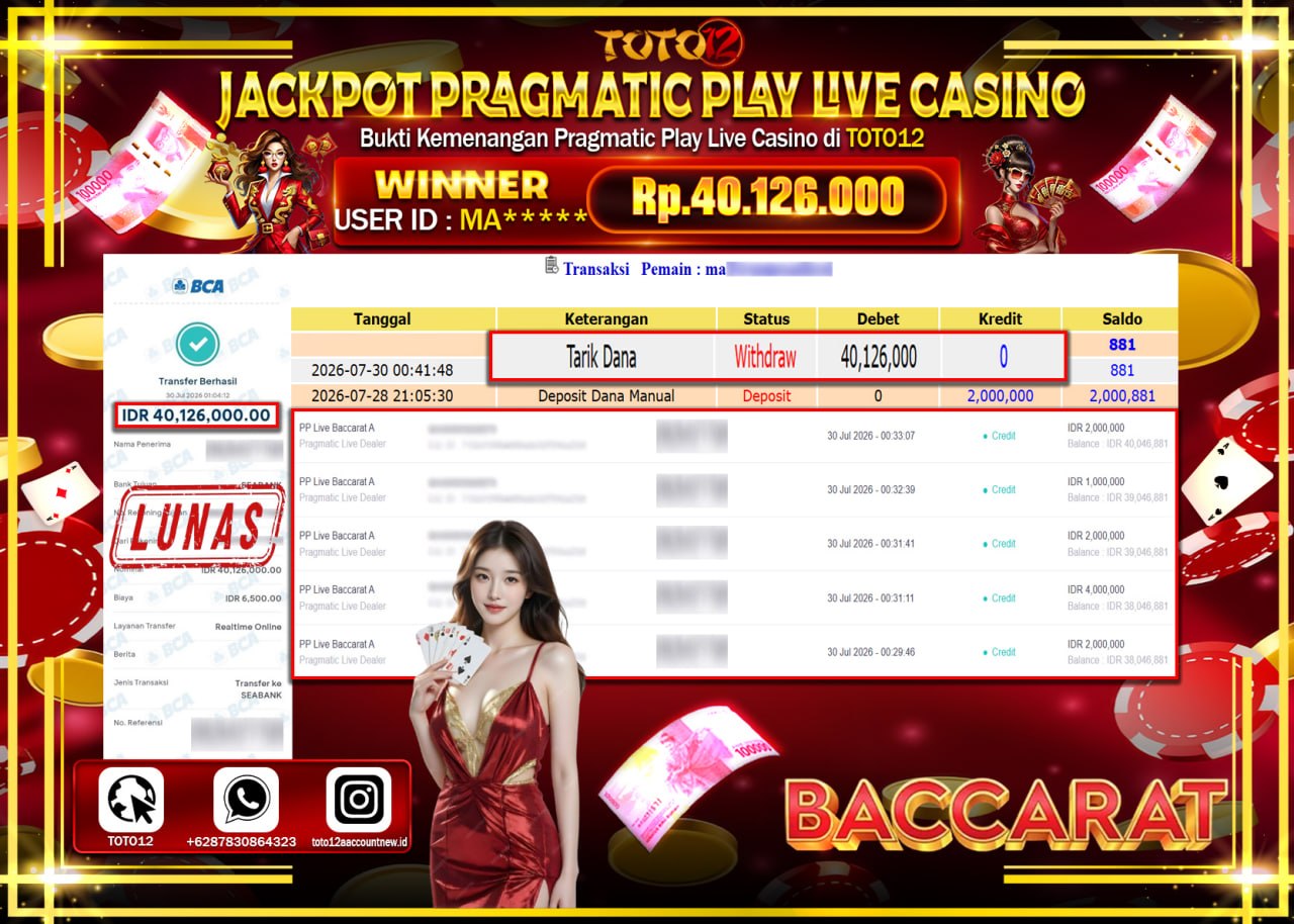 HANYA DI TOTO12 JP PASTI DI BAYAR LUNAS DAN CEPAT!!!!!! JACKPOT PRAGMATIC PLAY LIVE GAME CASINO (PP LIVE BACCARAT A) Rp40.126.000!!!!