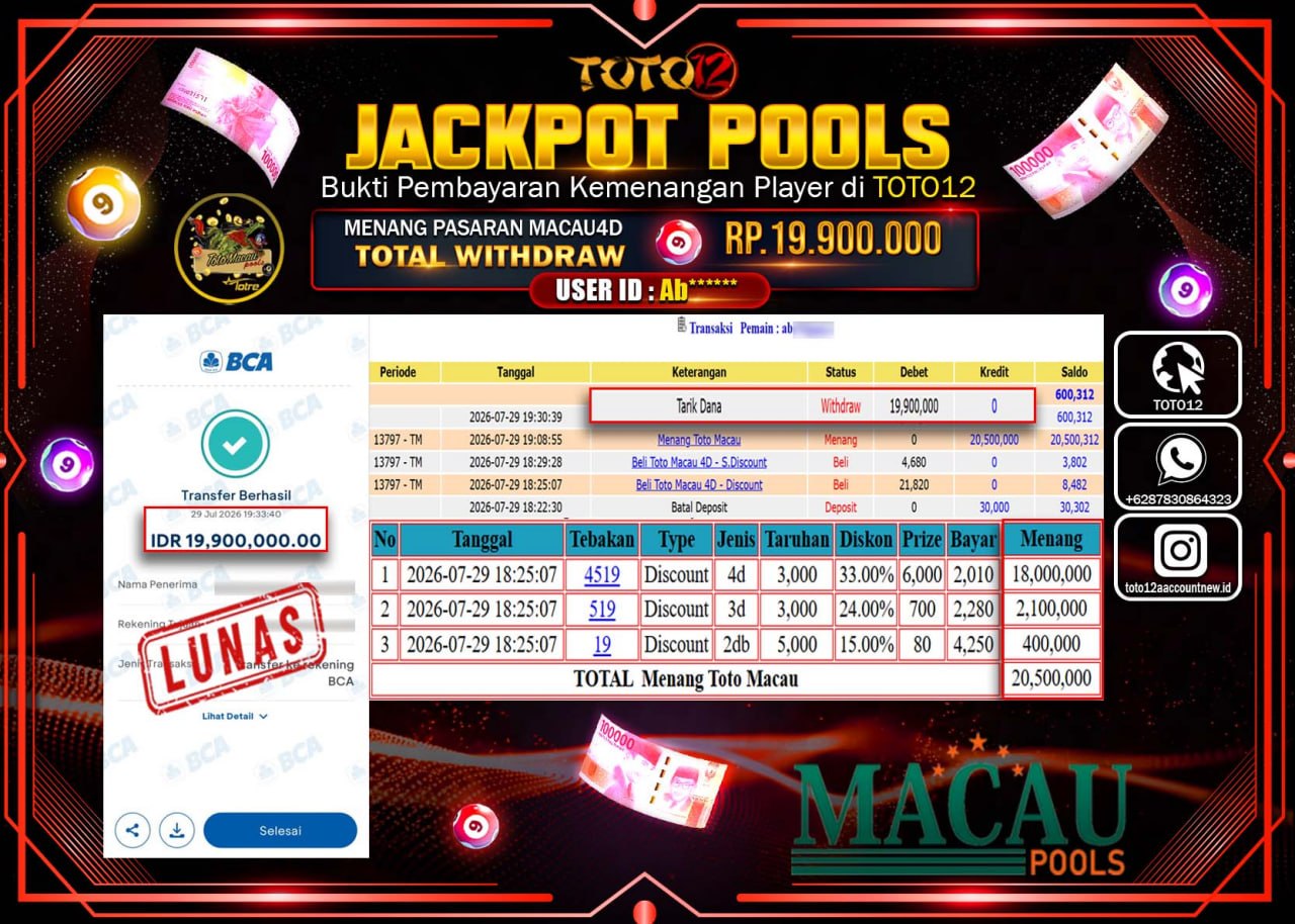 HANYA DI TOTO12 JP PASTI DI BAYAR LUNAS DAN CEPAT!!!!!! JACKPOT POOLS PASARAN (MACAU 4D) Rp19.900.000!!!!