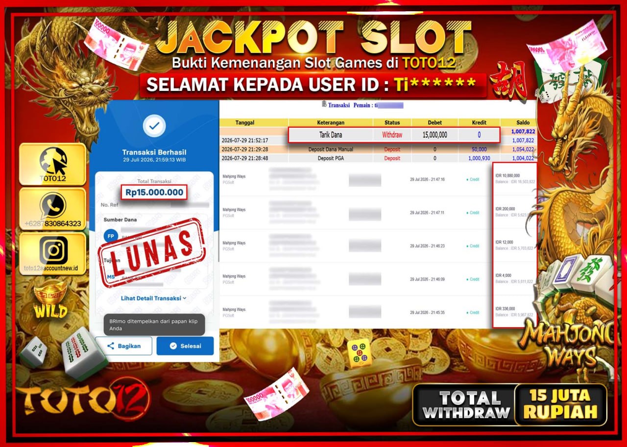 HANYA DI TOTO12 JP PASTI DI BAYAR LUNAS DAN CEPAT!!!!!! JACKPOT SLOT GAME (MAHJONG WAYS) Rp15.000.000!!!!