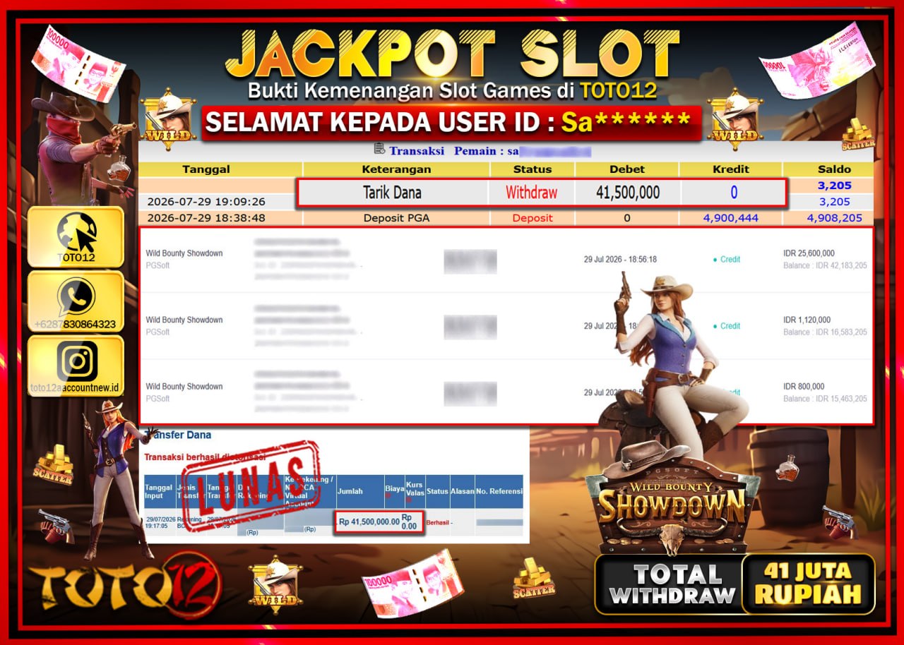 HANYA DI TOTO12 JP PASTI DI BAYAR LUNAS DAN CEPAT!!!!!! JACKPOT SLOT GAME (WILD BOUNTY SHOWDOWN) Rp41.500.000!!!!