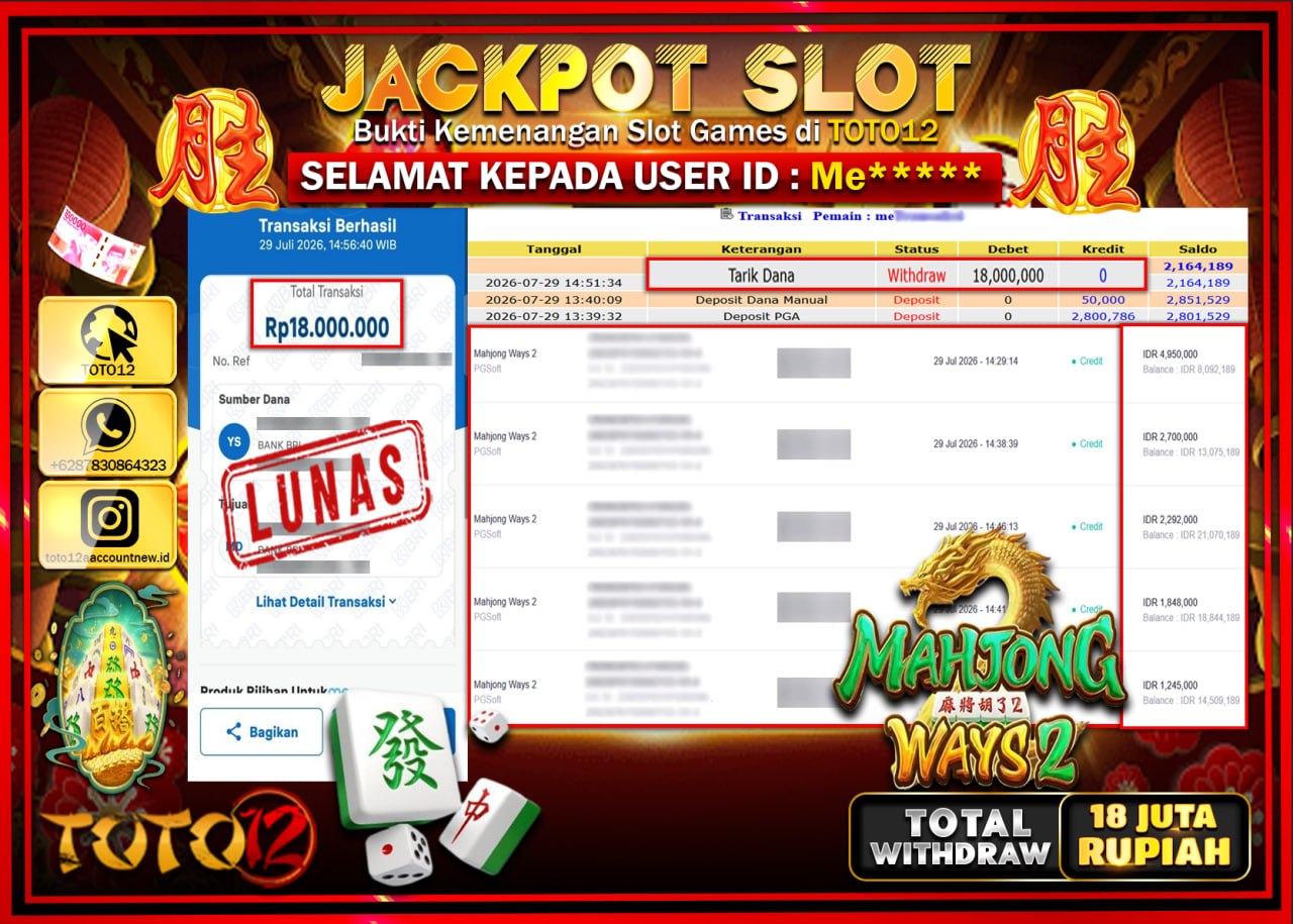 HANYA DI TOTO12 JP PASTI DI BAYAR LUNAS DAN CEPAT!!!!!! JACKPOT SLOT GAME (MAHJONG WAYS 2) Rp18.000.000!!!!