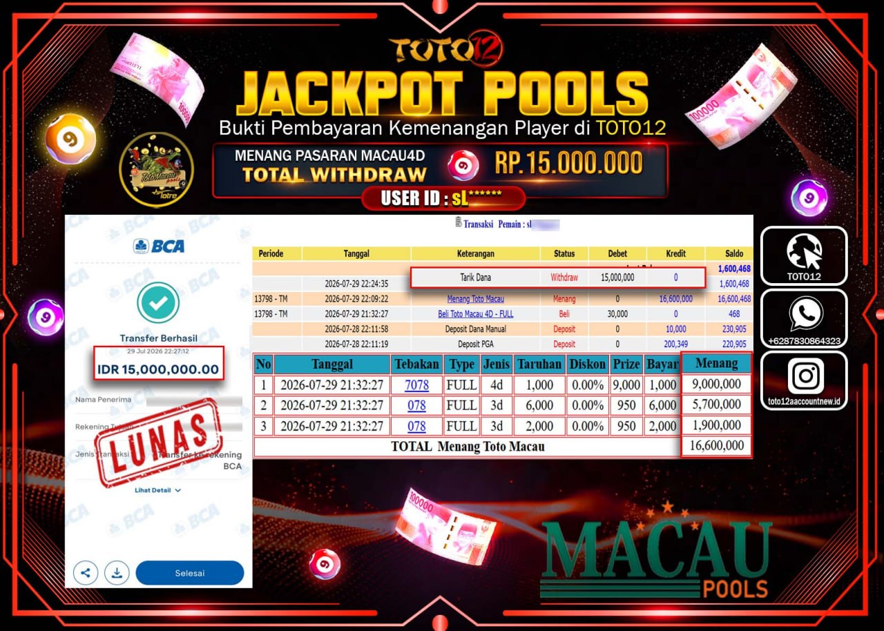 HANYA DI TOTO12 JP PASTI DI BAYAR LUNAS DAN CEPAT!!!!!! JACKPOT POOLS PASARAN (MACAU 4D) Rp15.000.000!!!!