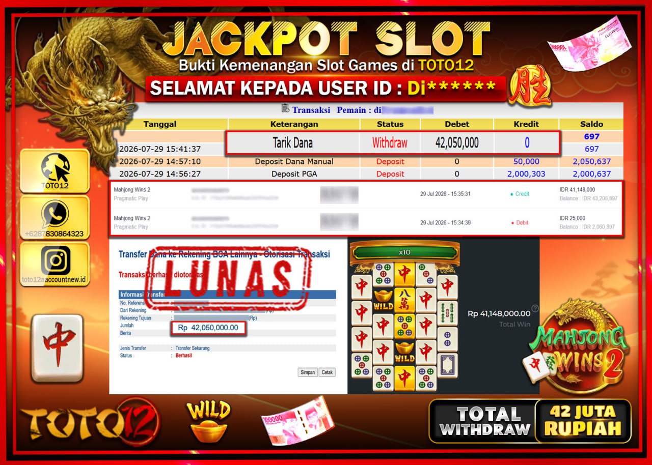 HANYA DI TOTO12 JP PASTI DI BAYAR LUNAS DAN CEPAT!!!!!! JACKPOT SLOT GAME (MAHJONG WINS 2) Rp42.050.000!!!!