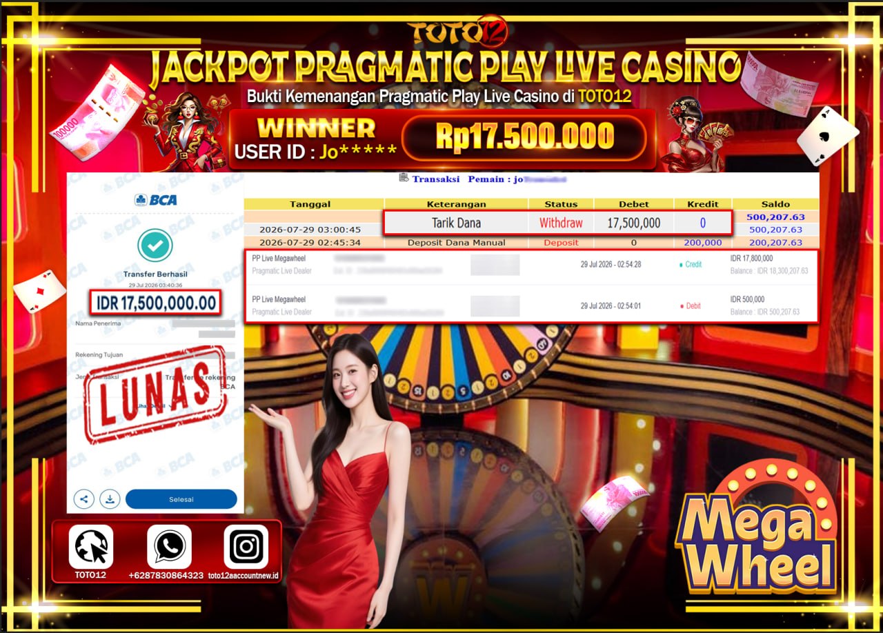 HANYA DI TOTO12 JP PASTI DI BAYAR LUNAS DAN CEPAT!!!!!! JACKPOT PRAGMATIC PLAY LIVE GAME CASINO (PP LIVE MEGAWHEEL) Rp17.500.000!!!!