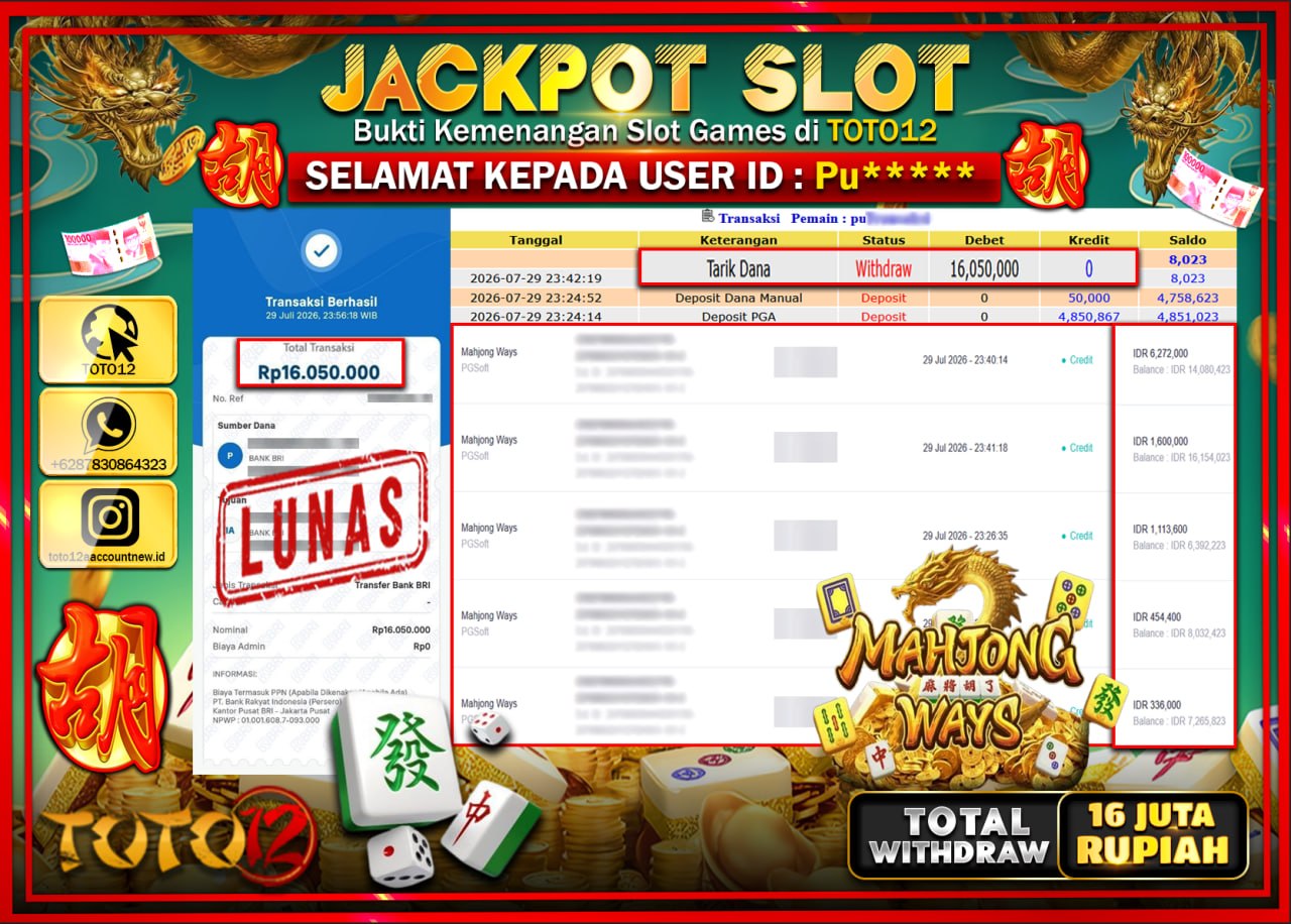 HANYA DI TOTO12 JP PASTI DI BAYAR LUNAS DAN CEPAT!!!!!! JACKPOT SLOT GAME (MAHJONG WAYS) Rp16.050.000!!!!