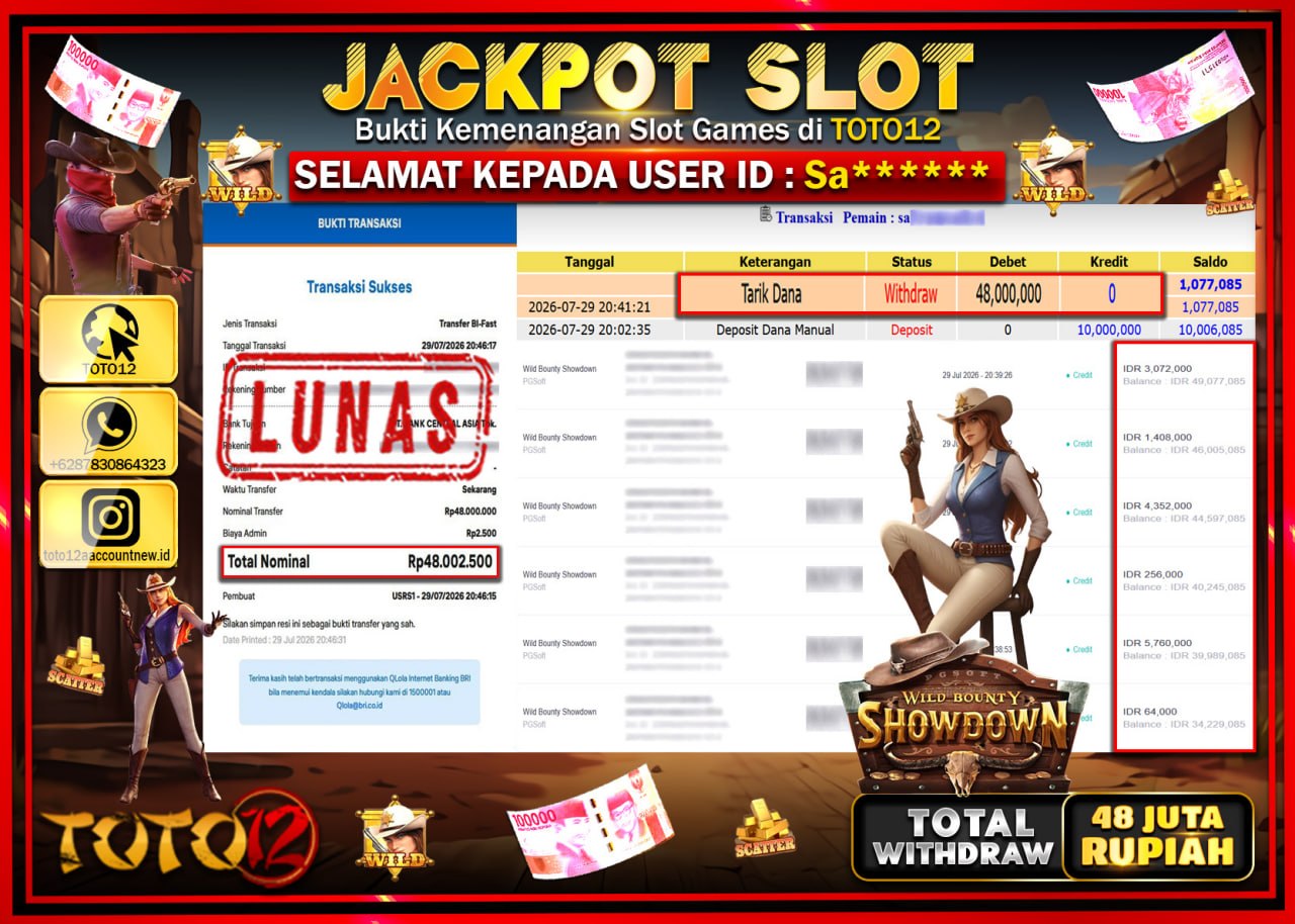 HANYA DI TOTO12 JP PASTI DI BAYAR LUNAS DAN CEPAT!!!!!! JACKPOT SLOT GAME (WILD BOUNTY SHOWDOWN) Rp48.000.000!!!!
