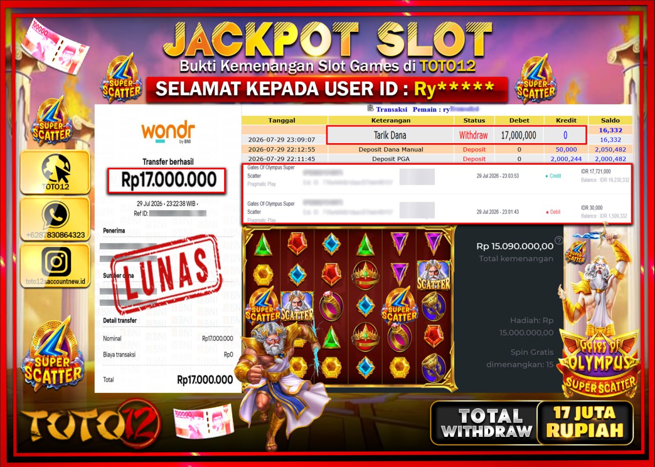 HANYA DI TOTO12 JP PASTI DI BAYAR LUNAS DAN CEPAT!!!!!! JACKPOT SLOT GAME (GATES OF OLYMPUS SUPER SCATTER) Rp17.000.000!!!!