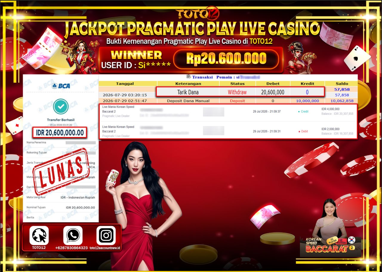 HANYA DI TOTO12 JP PASTI DI BAYAR LUNAS DAN CEPAT!!!!!! JACKPOT PRAGMATIC PLAY LIVE GAME CASINO (LIVE MANIA KOREAN SPEED BACCARAT 2) Rp20.600.000!!!!