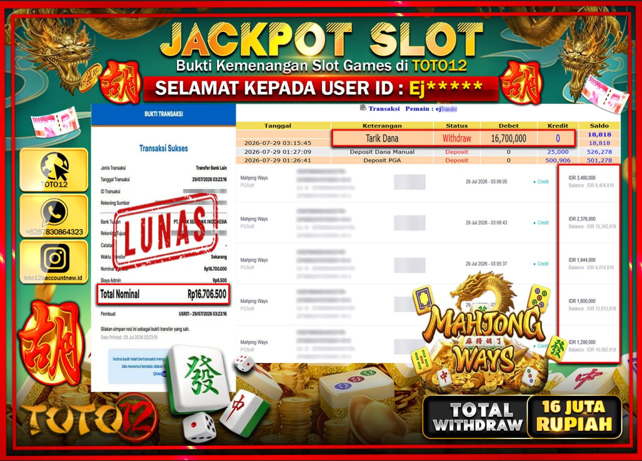 HANYA DI TOTO12 JP PASTI DI BAYAR LUNAS DAN CEPAT!!!!!! JACKPOT SLOT GAME (MAHJONG WAYS) Rp16.700.000!!!!