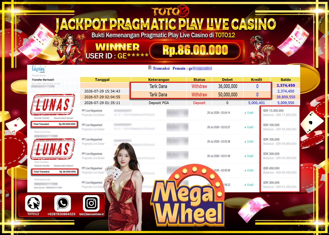 HANYA DI TOTO12 JP PASTI DI BAYAR LUNAS DAN CEPAT!!!!!! JACKPOT PRAGMATIC PLAY LIVE GAME CASINO (PP LIVE MEGAWHELL) Rp86.000.000!!!!