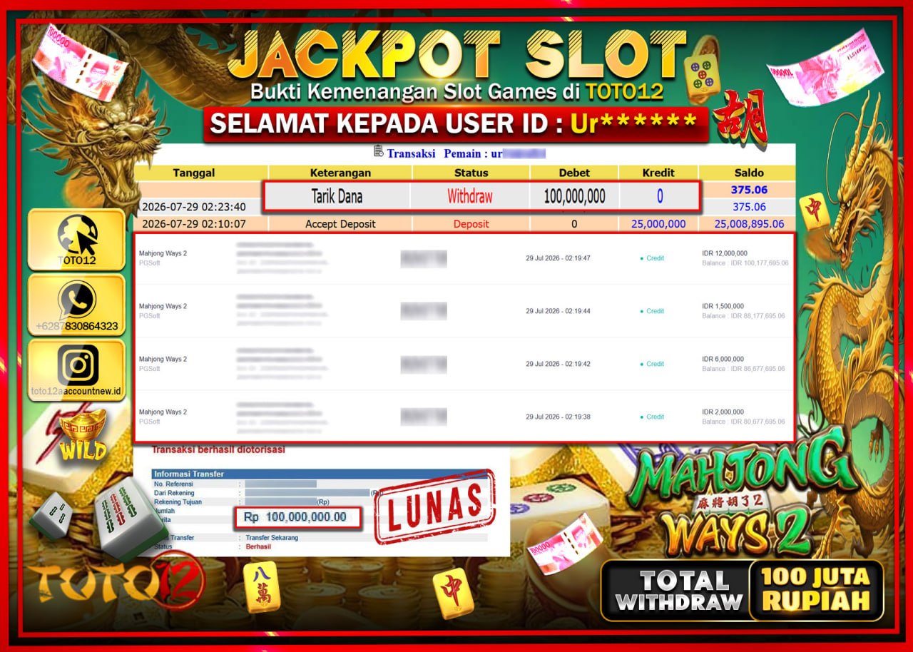 HANYA DI TOTO12 JP PASTI DI BAYAR LUNAS DAN CEPAT!!!!!! JACKPOT SLOT GAME (MAHJONG WAYS 2) Rp100.000.000!!!!
