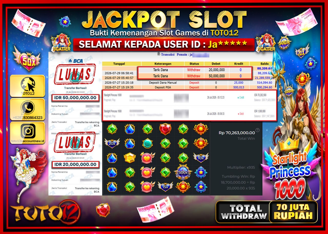 HANYA DI TOTO12 JP PASTI DI BAYAR LUNAS DAN CEPAT!!!!!! JACKPOT SLOT GAME (STARLIGHT PRINCESS 1000) Rp70.000.000!!!!