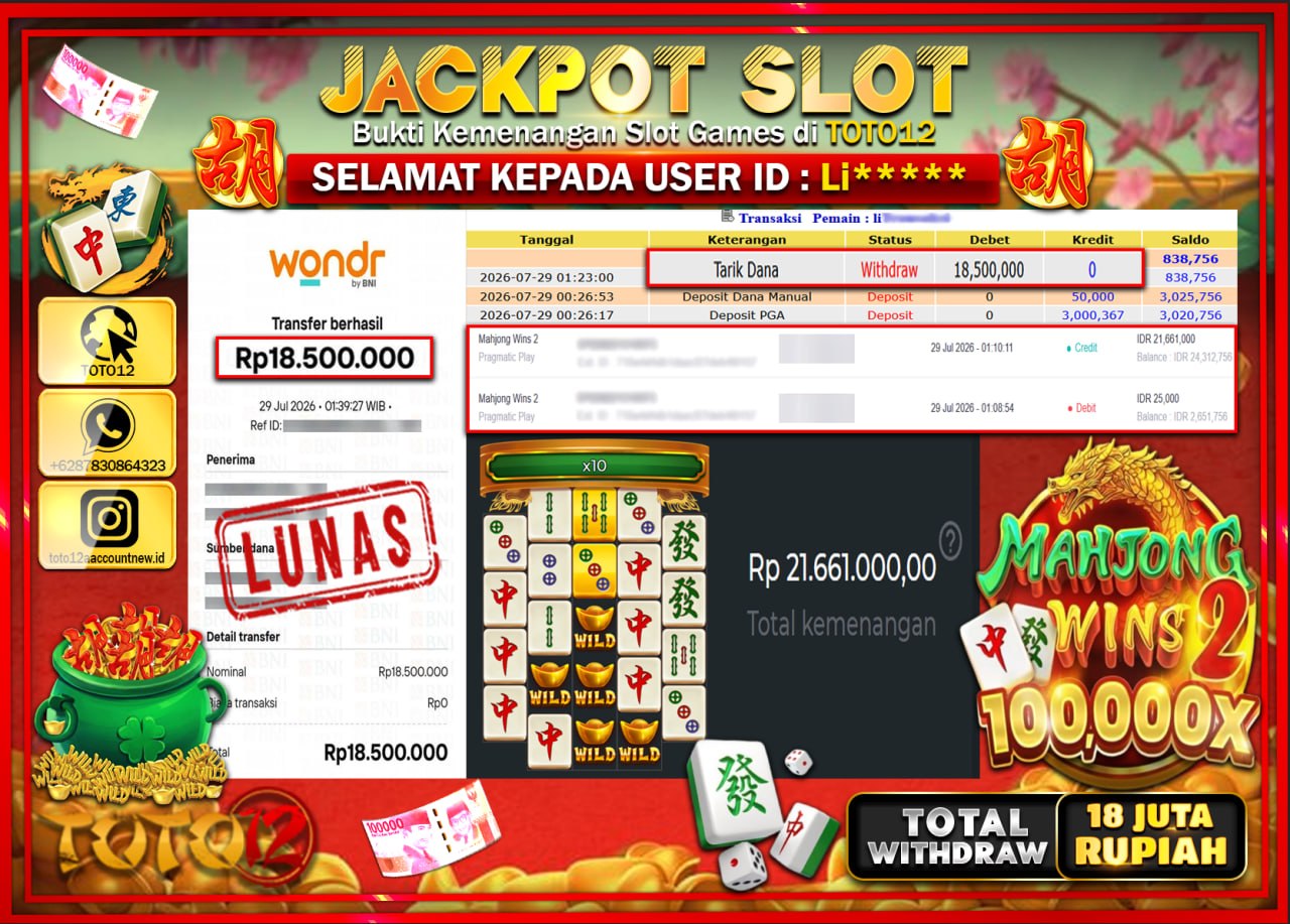 HANYA DI TOTO12 JP PASTI DI BAYAR LUNAS DAN CEPAT!!!!!! JACKPOT SLOT GAME (MAHJONG WINS 2) Rp18.500.000!!!!