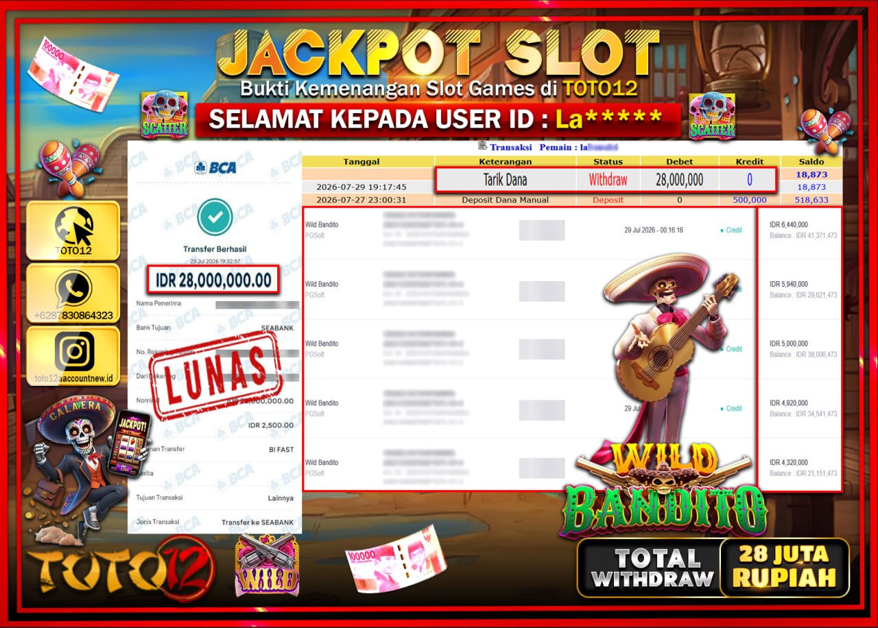 HANYA DI TOTO12 JP PASTI DI BAYAR LUNAS DAN CEPAT!!!!!! JACKPOT SLOT GAME (WILD BANDITO) Rp28.000.000!!!!