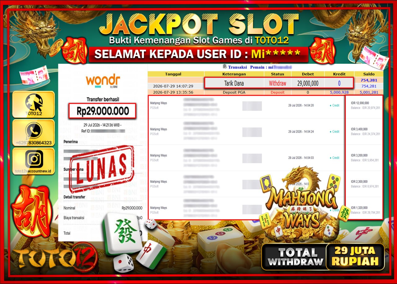 HANYA DI TOTO12 JP PASTI DI BAYAR LUNAS DAN CEPAT!!!!!! JACKPOT SLOT GAME (MAHJONG WAYS) Rp29.000.000!!!!