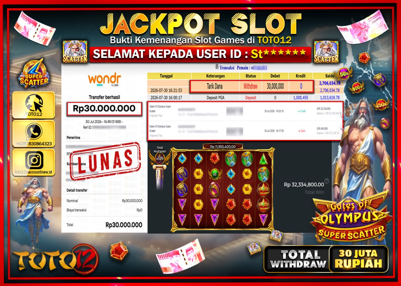 HANYA DI TOTO12 JP PASTI DI BAYAR LUNAS DAN CEPAT!!!!!! JACKPOT SLOT GAME (GATES OF OLYMPUS SUPER SCATTER) Rp30.000.000!!!!