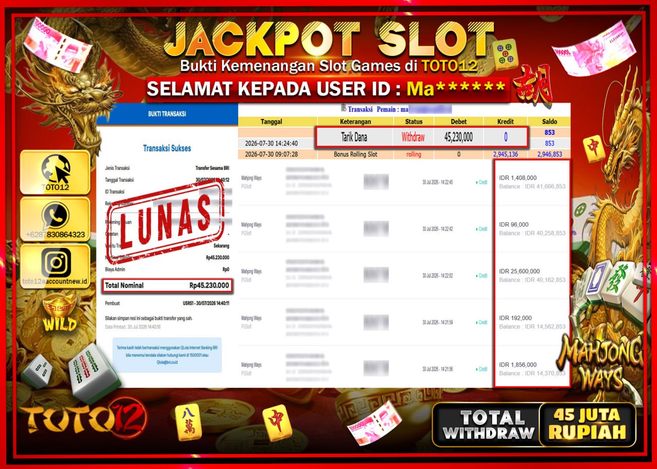 HANYA DI TOTO12 JP PASTI DI BAYAR LUNAS DAN CEPAT!!!!!! JACKPOT SLOT GAME (MAHJONG WAYS) Rp45.230.000!!!!