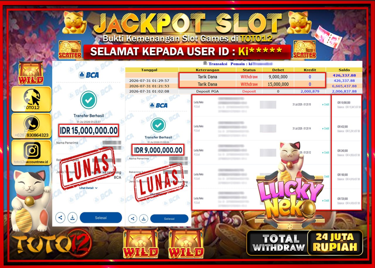 HANYA DI TOTO12 JP PASTI DI BAYAR LUNAS DAN CEPAT!!!!!! JACKPOT SLOT GAME (LUCK NEKO) Rp24.000.000!!!!