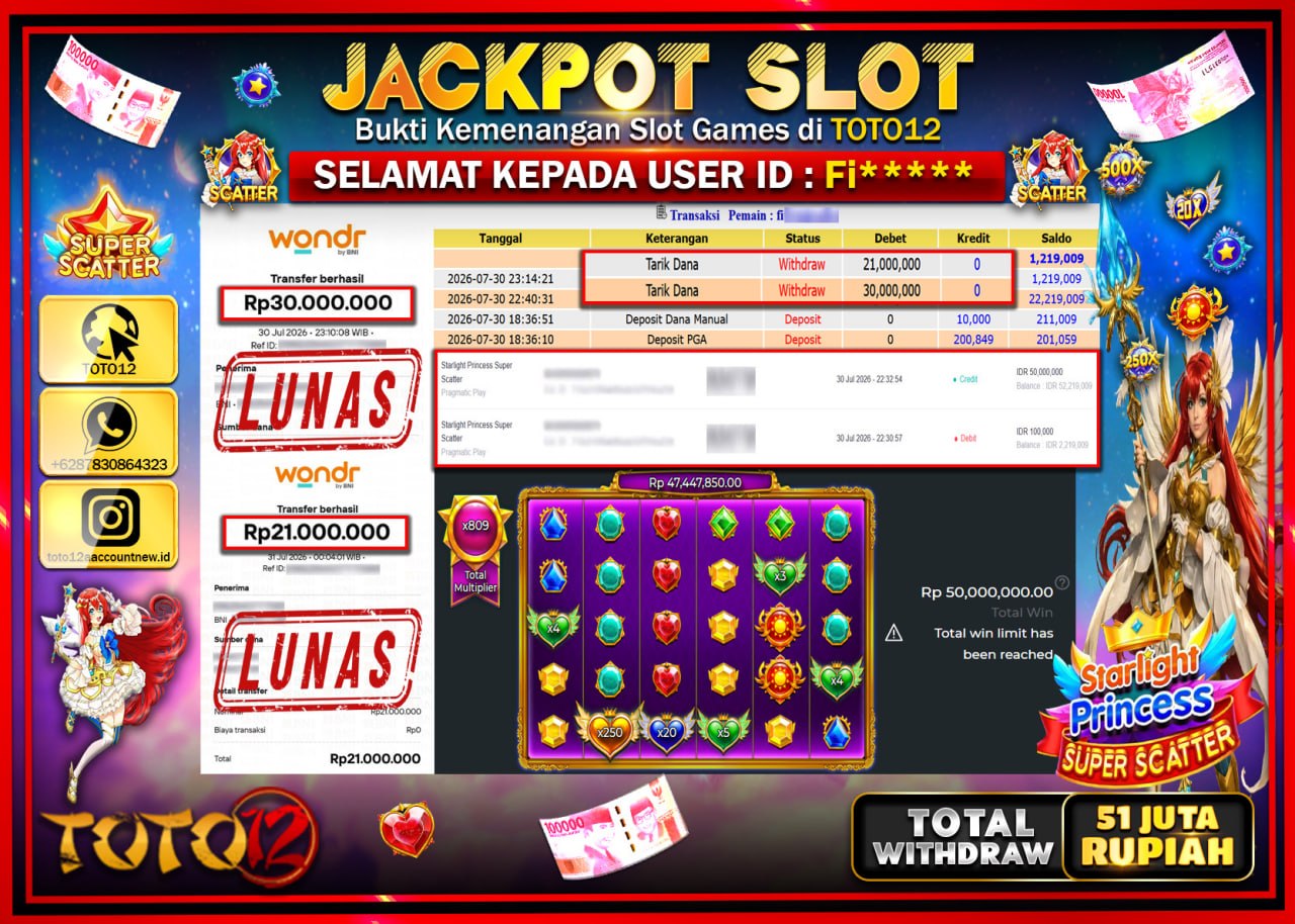 HANYA DI TOTO12 JP PASTI DI BAYAR LUNAS DAN CEPAT!!!!!! JACKPOT SLOT GAME (STARLIGHT PRINCESS SUPER SCATTER) Rp51.000.000!!!!