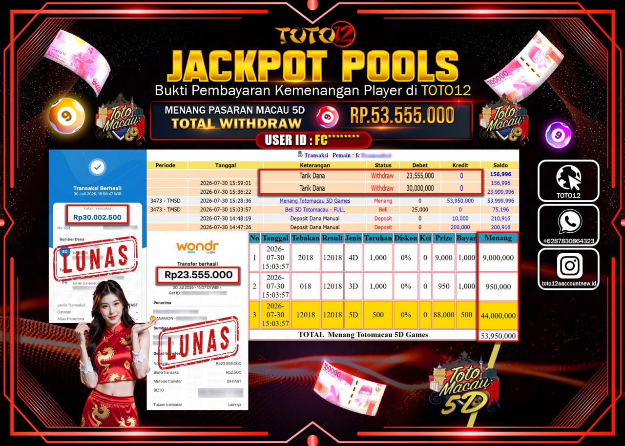 HANYA DI TOTO12 JP PASTI DI BAYAR LUNAS DAN CEPAT!!!!!! JACKPOT POOLS PASARAN (MACAU 5D) Rp53.555.000!!!!