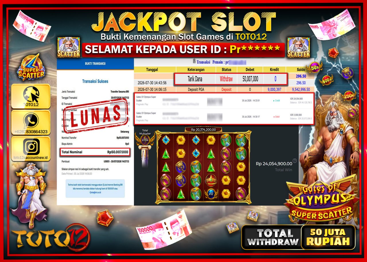 HANYA DI TOTO12 JP PASTI DI BAYAR LUNAS DAN CEPAT!!!!!! JACKPOT SLOT GAME (GATES OF OLYMPUS SUPER SCATTER) Rp50.007.000!!!!