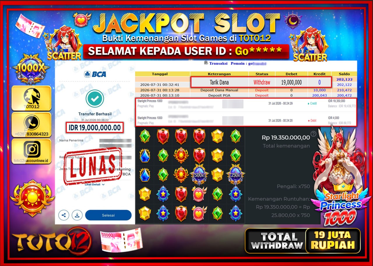 HANYA DI TOTO12 JP PASTI DI BAYAR LUNAS DAN CEPAT!!!!!! JACKPOT SLOT GAME (STARLIGHT PRINCESS 1000) Rp19.000.000!!!!