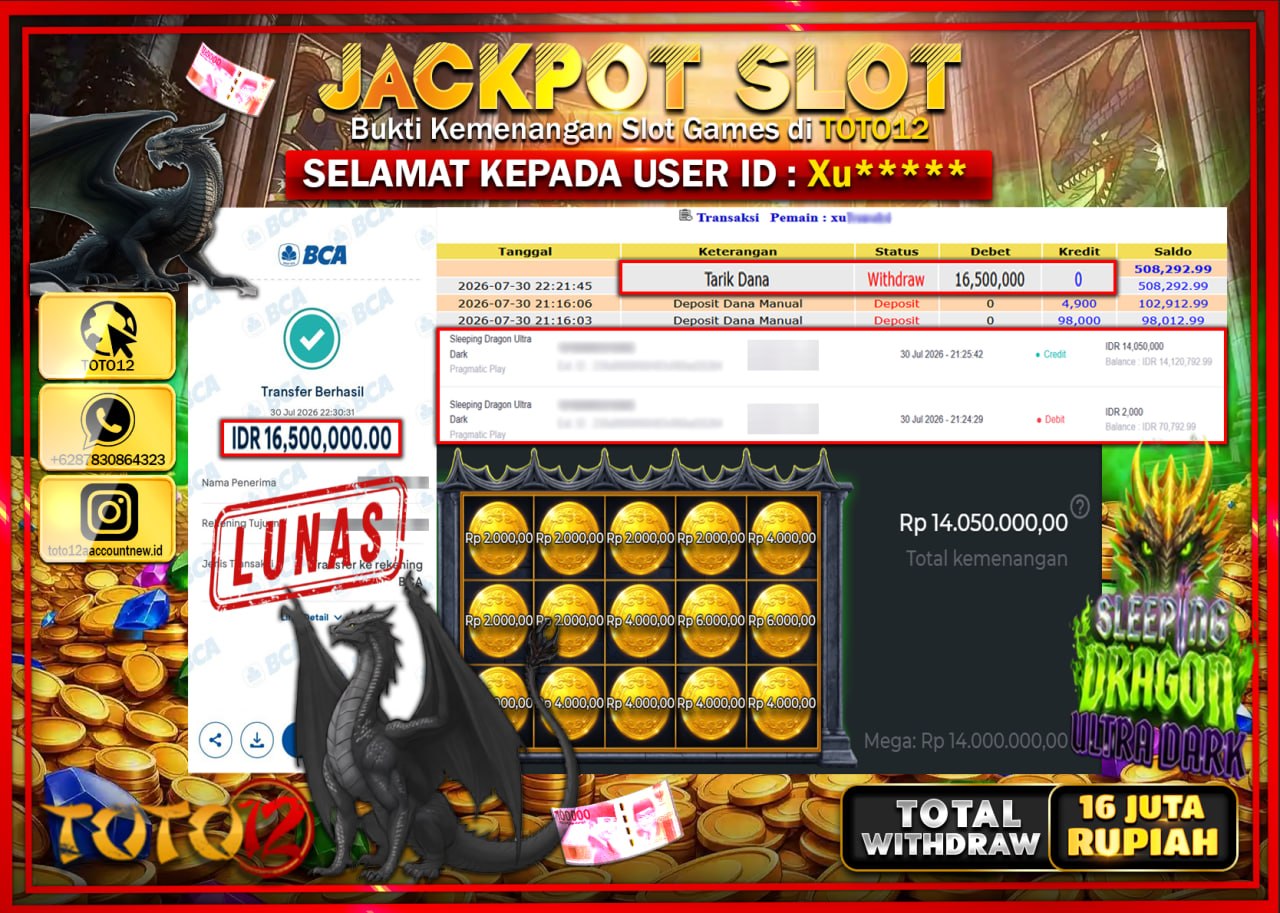 HANYA DI TOTO12 JP PASTI DI BAYAR LUNAS DAN CEPAT!!!!!! JACKPOT SLOT GAME (SLEEPING DRAGON ULTRA DARK) Rp16.500.000!!!!
