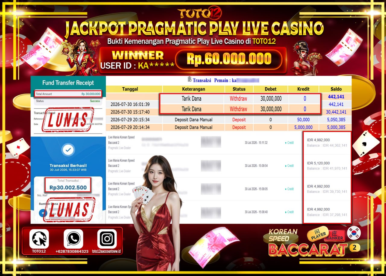 HANYA DI TOTO12 JP PASTI DI BAYAR LUNAS DAN CEPAT!!!!!! JACKPOT PRAGMATIC PLAY LIVE GAME CASINO (LIVE MANIA KOREAN SPEED  BACCARAT 2) Rp60.000.000!!!!